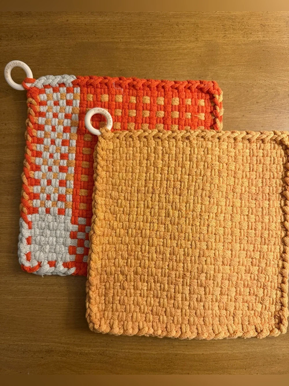 Woven Cotton Pot Holder Set in Orange and Cream
